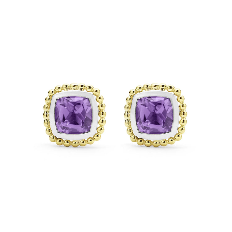 18K Gold Caviar Amethyst Stud Earrings