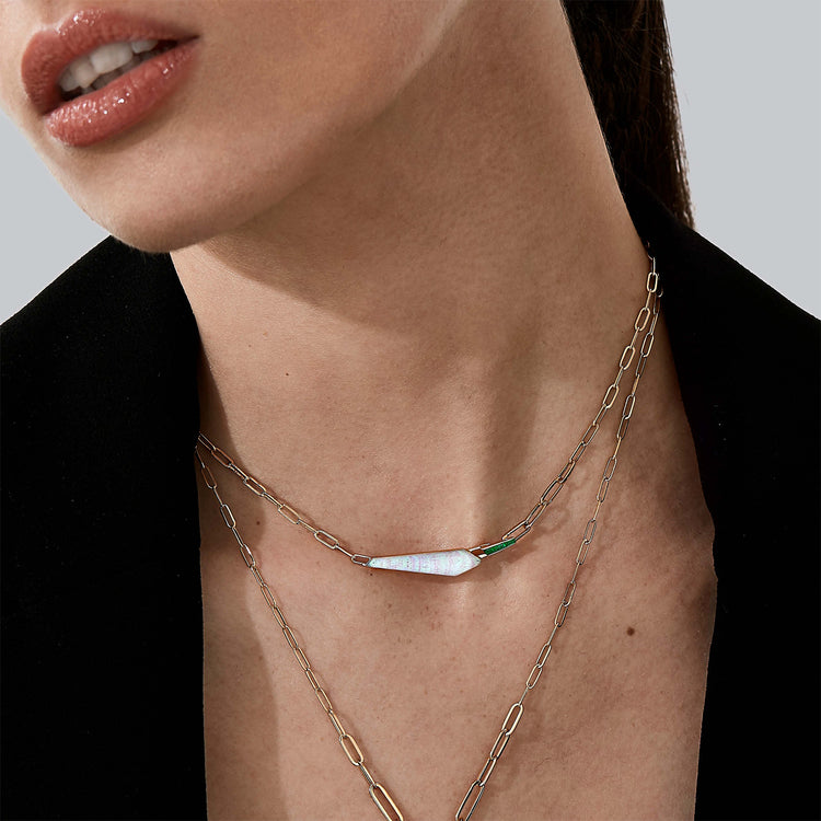 Crystal Haze Shard Slimline Linked Choker in White Opalescent with Emeralds