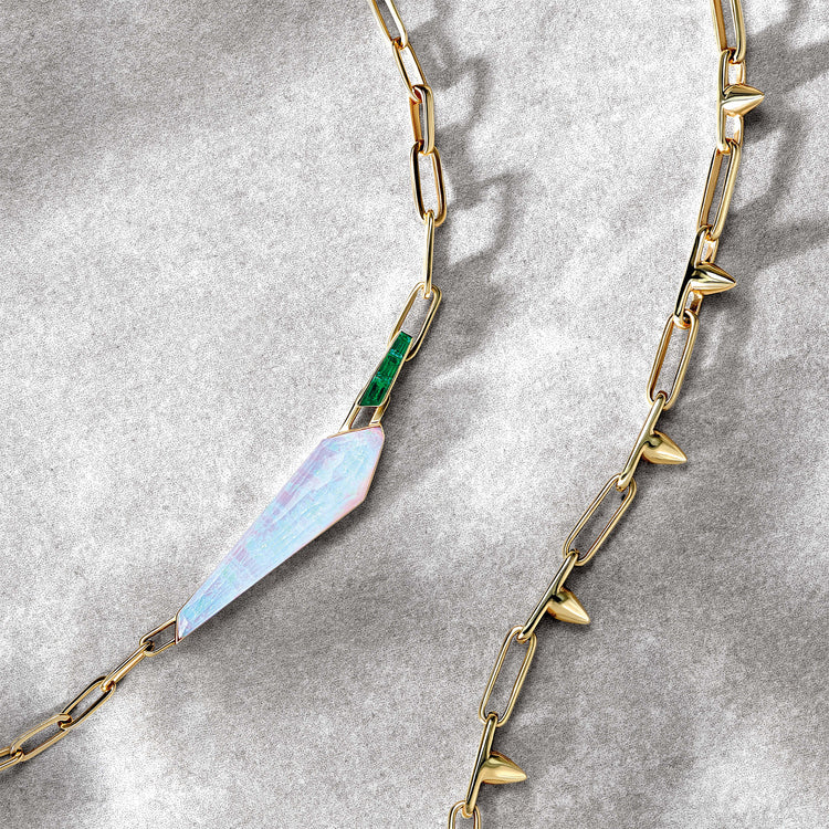 Crystal Haze Shard Slimline Linked Choker in White Opalescent with Emeralds