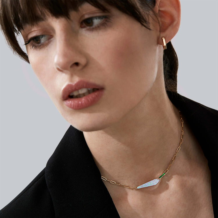 Crystal Haze Shard Slimline Linked Choker in White Opalescent with Emeralds