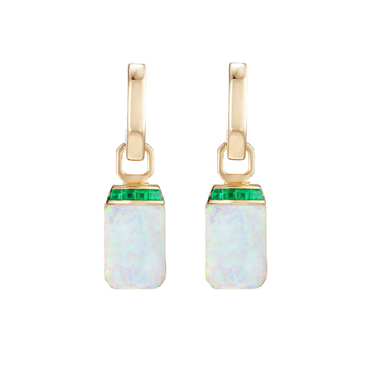 Crystal Haze Tablet Twister Earrings in White Opalescent and Green Agate with Emeralds
