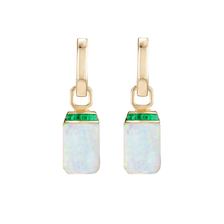 Crystal Haze Tablet Twister Earrings in White Opalescent and Green Agate with Emeralds