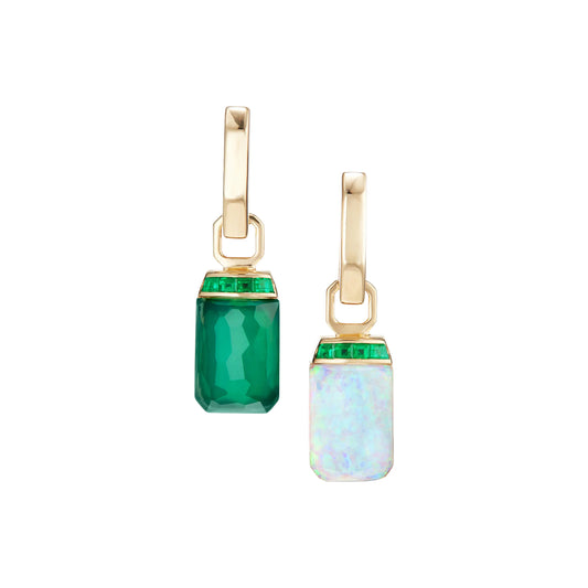 Crystal Haze Tablet Twister Earrings in White Opalescent and Green Agate with Emeralds