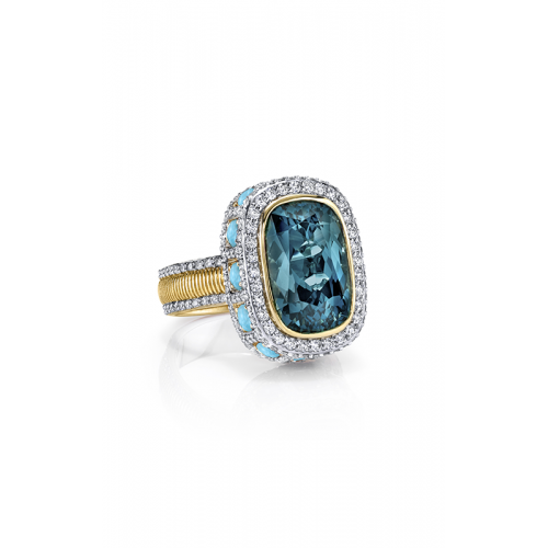 18k Yellow Gold Blue Topaz & Turquoise Diamond Ring