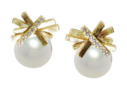 Bar Heights Pearl Earrings with Diamonds