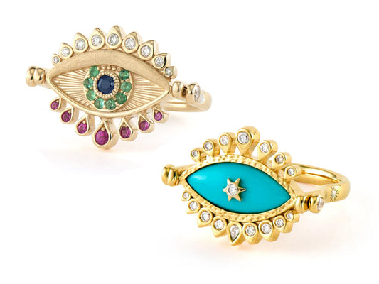 14KYG BEJEWELED TURQ, DIA, RUBY, EMER, SAP FLIP RING