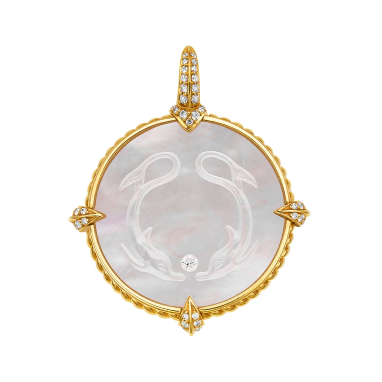 18KYG 23MM MOP/DIA DOLPHINS&PATTERN CHARM