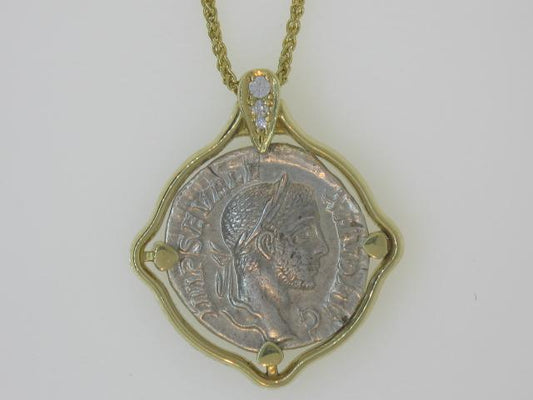 Severus Alexander Denarius Roman Coin Pendant with Diamonds