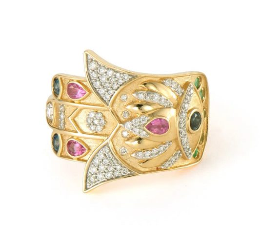 14KYG DIA, EMER, SAP BEJEWELED SIDEWAYS HAMSA RING