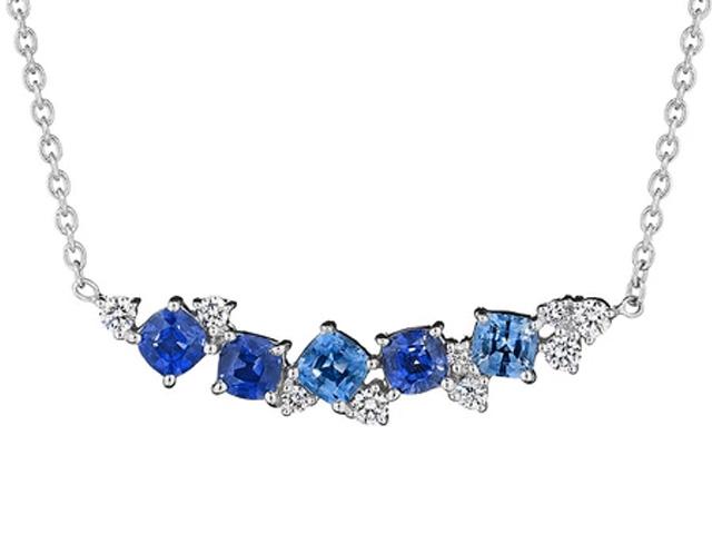 Blue Sapphire Watercolor Confetti Bar Necklace with Diamonds