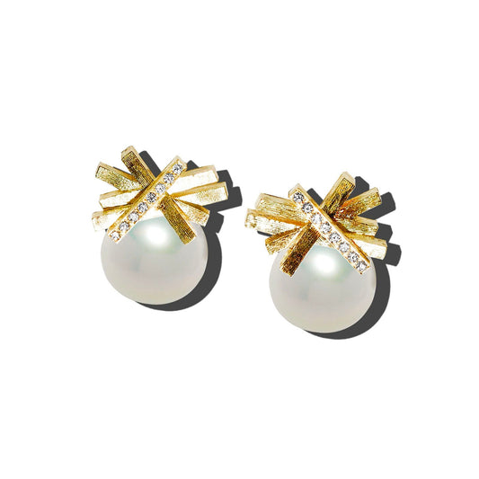 Bar Heights Pearl Earrings with Diamonds