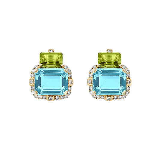 Blue Topaz, Peridot, and Diamnond Earrings