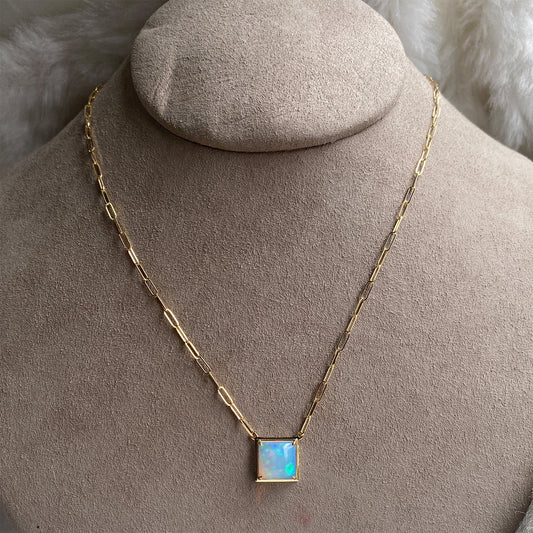 Square Shaped Opal Pendant with Paperclip Chain