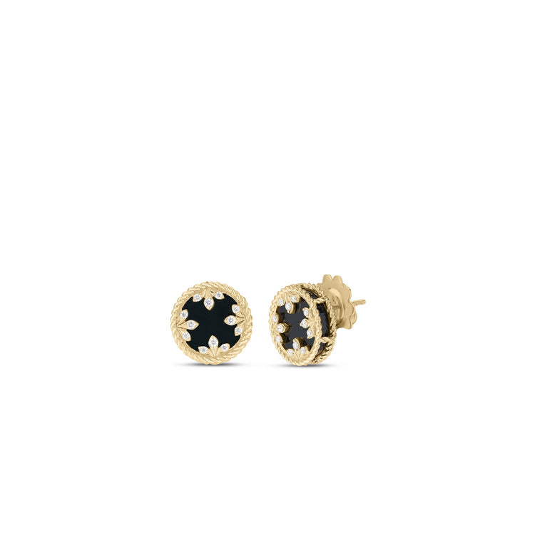 Medallions Earrings with Diamond and Black Jade in 18K Yellow Gold