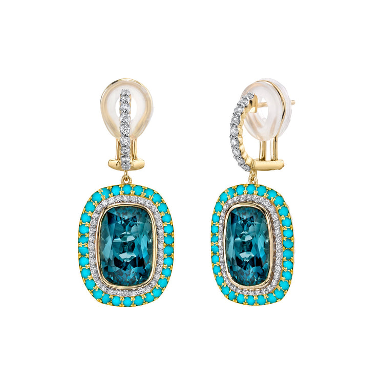 18k Yellow Gold Blue Topaz & Turquoise Diamond Halo Earrings