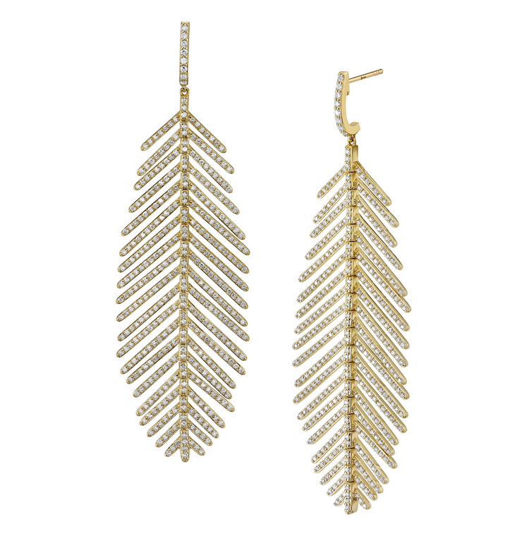 18k Yellow Gold Diamond Feather Drop Earrings