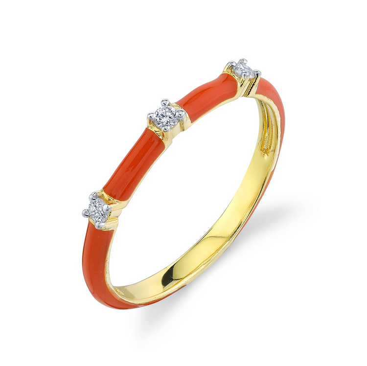 18k Yellow Gold Orange Enamel & Diamond Stackable Ring