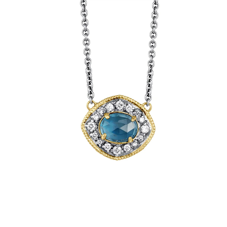 18K Yellow Gold and Grey Sterling Silver London Blue Topaz and Diamond Necklace