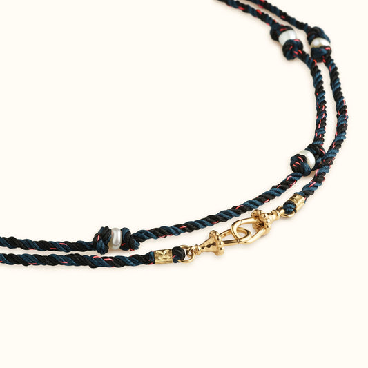 Mauli Silky Cord in Blue and Black with Freshwater Cultured Pearl Beads