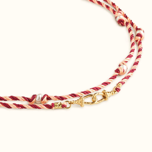 Mauli Silky Cord in Burgundy and Beige with Freshwater Cultured Pearl Beads