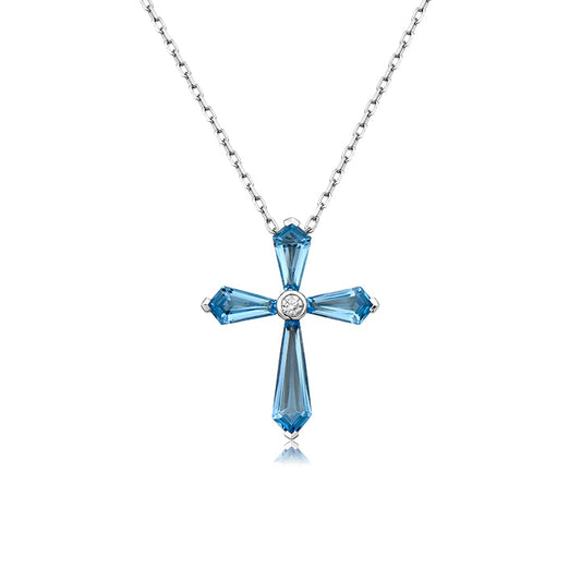 18k White Gold Blue Topaz Cross Pendant Necklace