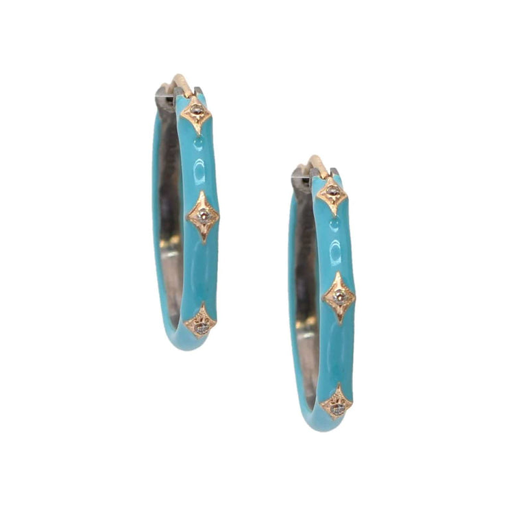 Rose World Hoop Earrings in Turquoise Enamel with Champagne Diamonds