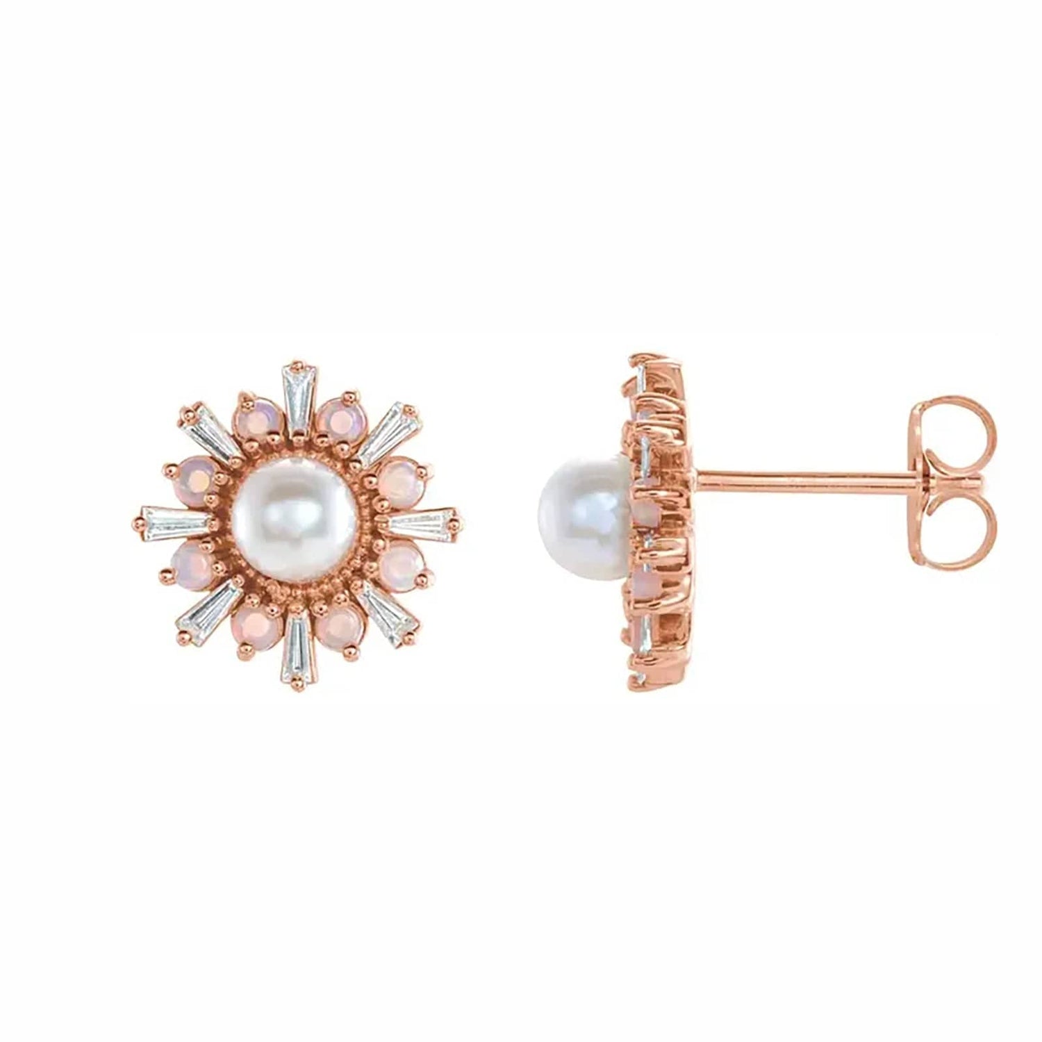 Akoya Pearl, Opal, and Diamond Halo Earrings - Diamond Cellar- Diamond Cellar