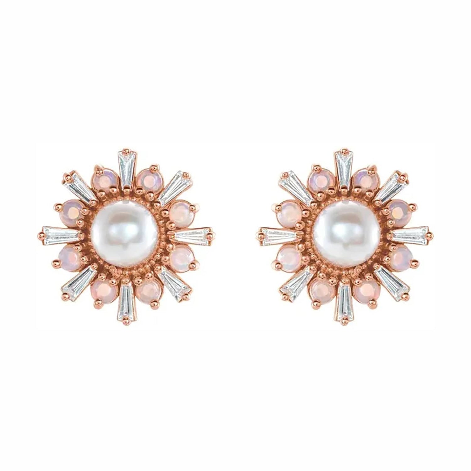 Akoya Pearl, Opal, and Diamond Halo Earrings - Diamond Cellar- Diamond Cellar