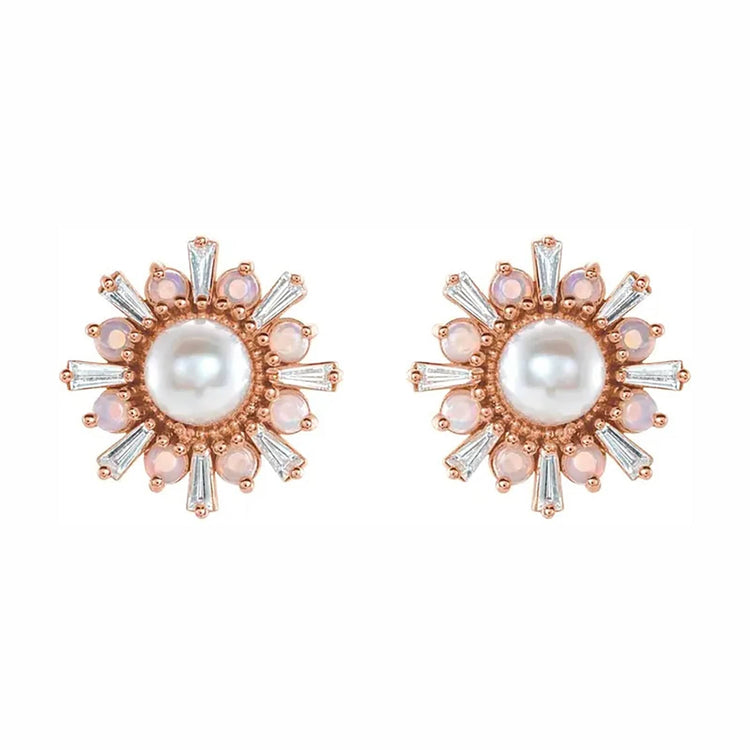 Akoya Pearl, Opal, and Diamond Halo Earrings - Diamond Cellar- Diamond Cellar