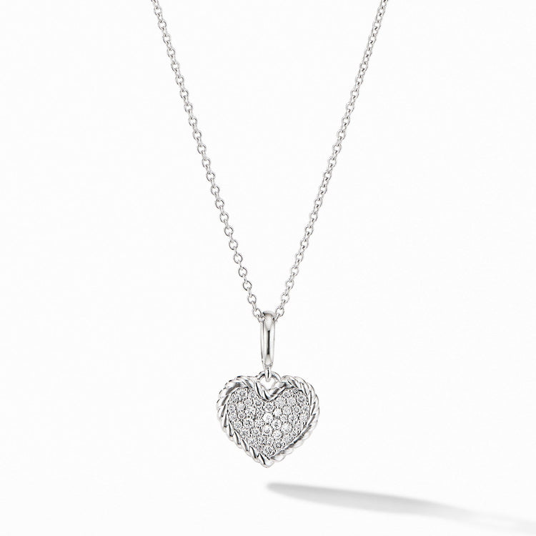 Cable Collectibles Pav預late Heart Charm Necklace in 18K White Gold - David Yurman- Diamond Cellar