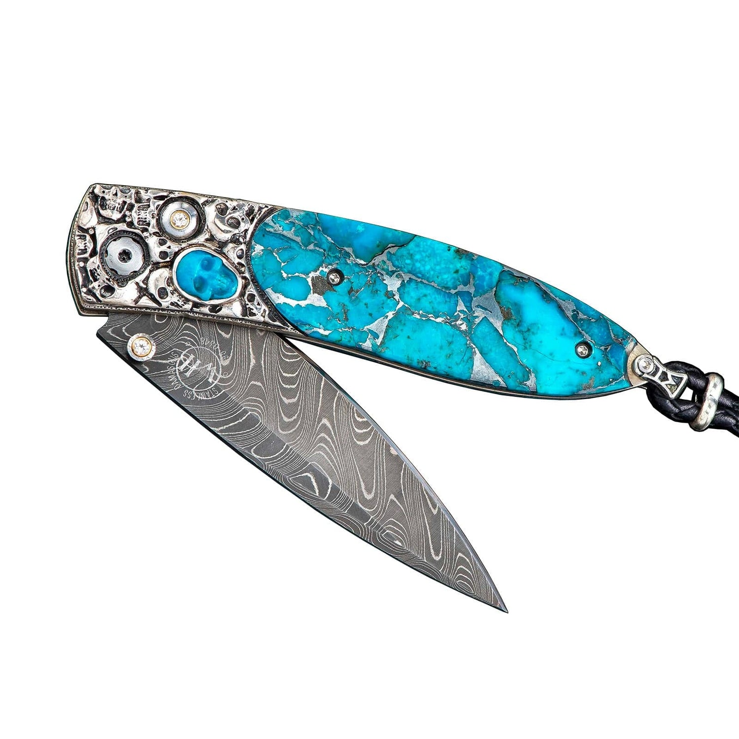 5 Knife set with a Light Emprador Marble Handle, Swiss Blue Cubic Zirconia  Stone at the Back of the Knife and Turquoise and Brass Decorative Rings :  Craftstone Knives